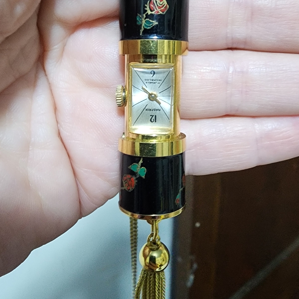 Vintage Nastrix Black Enameled 17j Gold Tone Women's Watch Lipstick Capsule Case